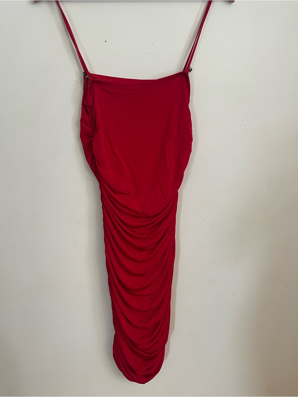 bebe Red Ruched Midi Slip Dress